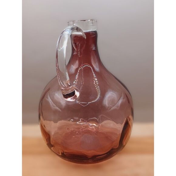 Hand Blown Amethyst Glass Round Jug Vase with Clear Applied Handle and Lip - Picture 5 of 13